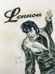 Portrait of John Lennon dancing in leather jacket 